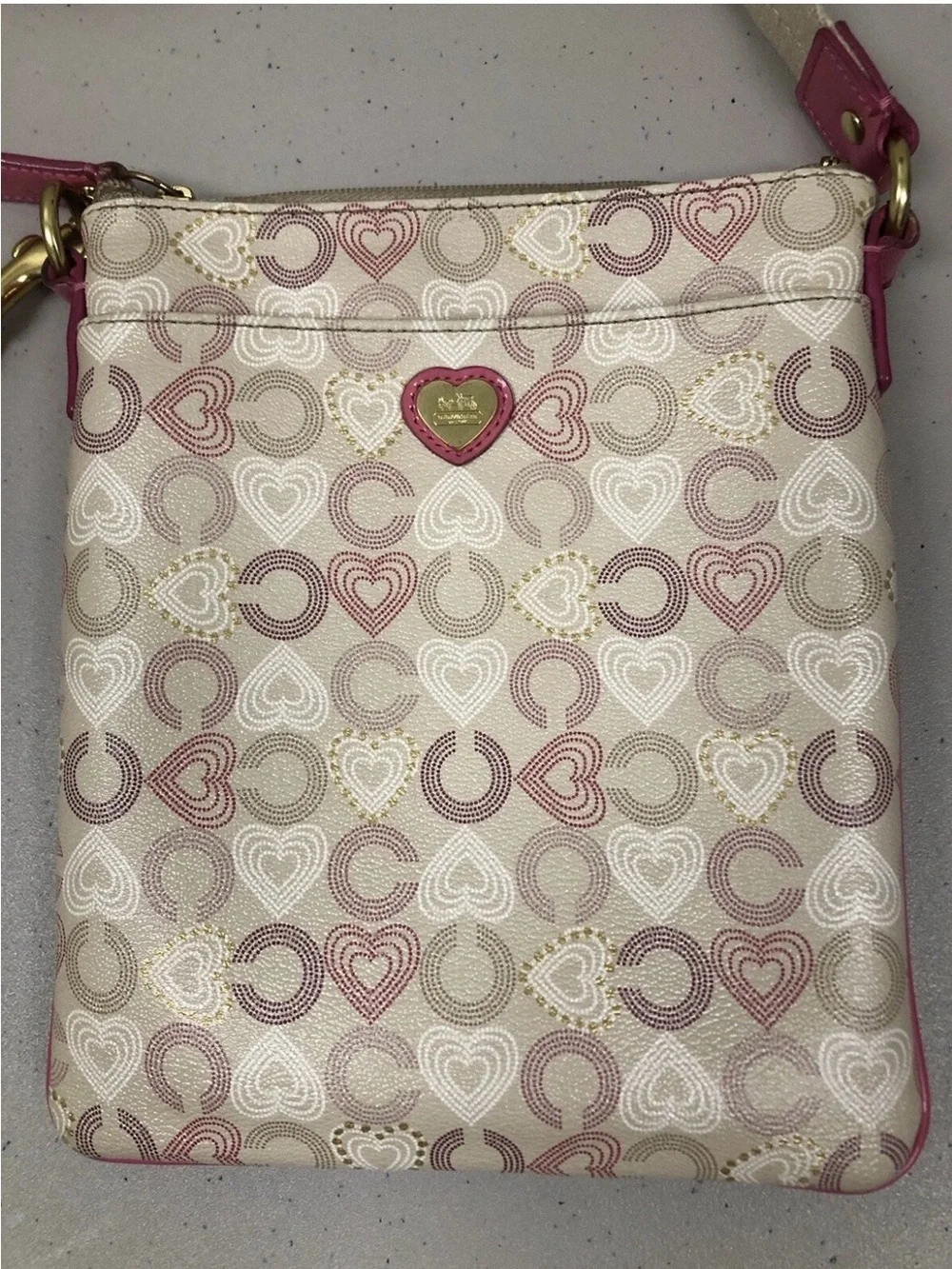 Y2K Coach Signature Logo Pink Hearts Crossbody Shoulder Bag Purse